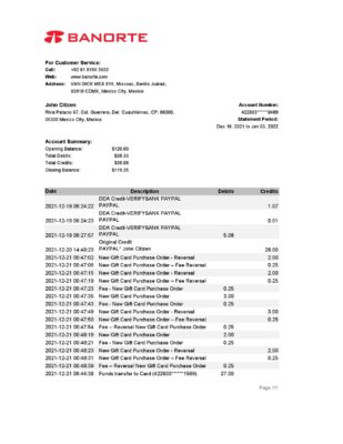 Mexico Banorte bank statement Excel and PDF template