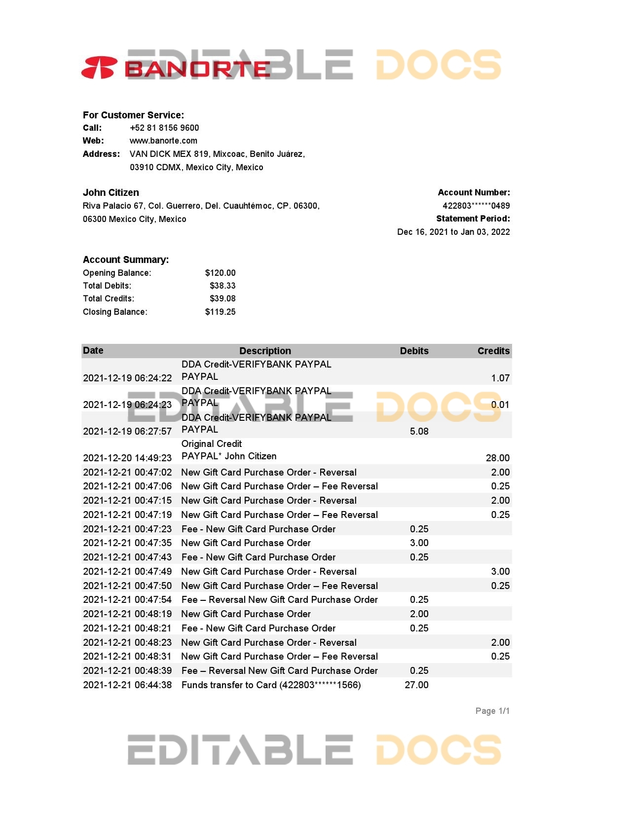 Mexico Banorte bank statement Excel and PDF template