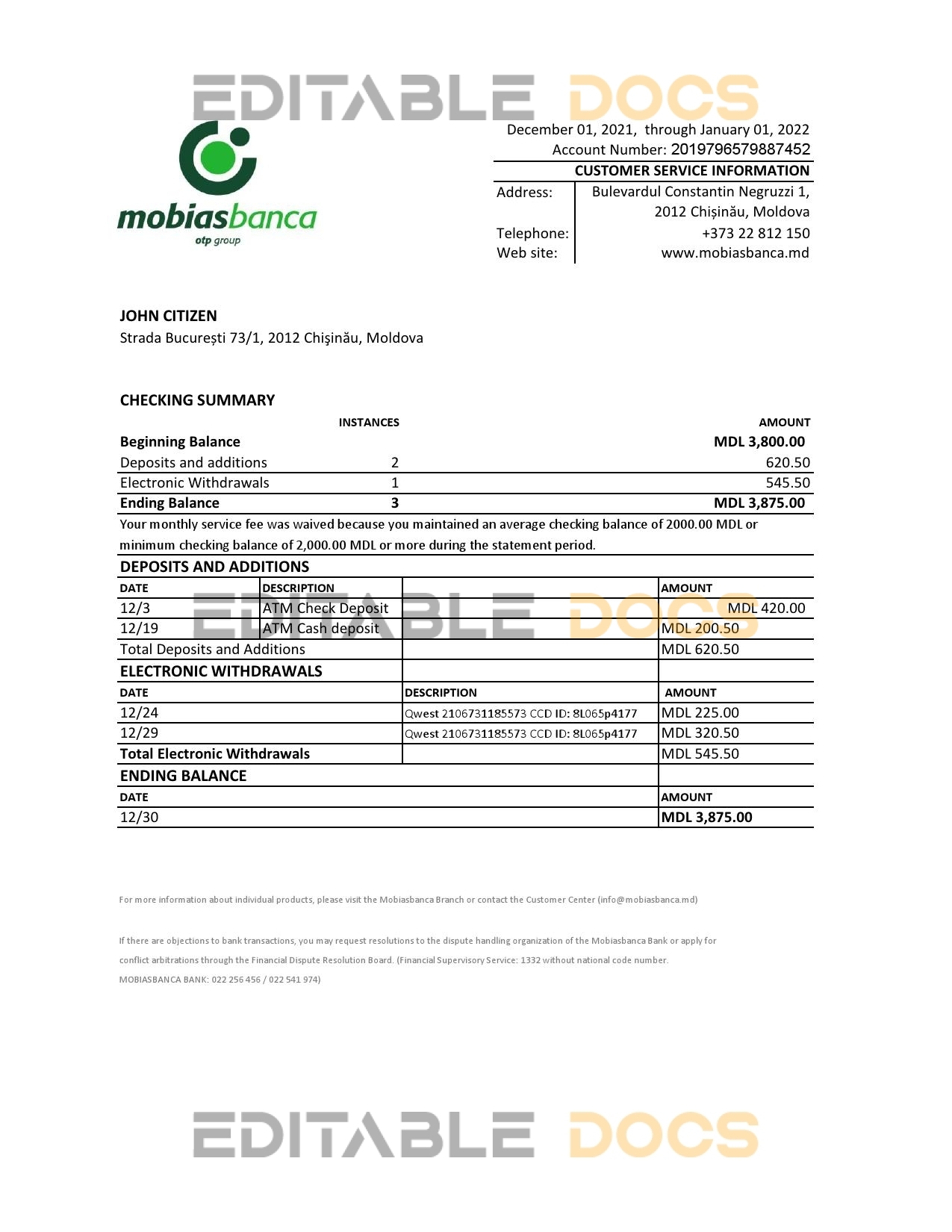 Moldova Mobiasbanca bank statement Excel and PDF template