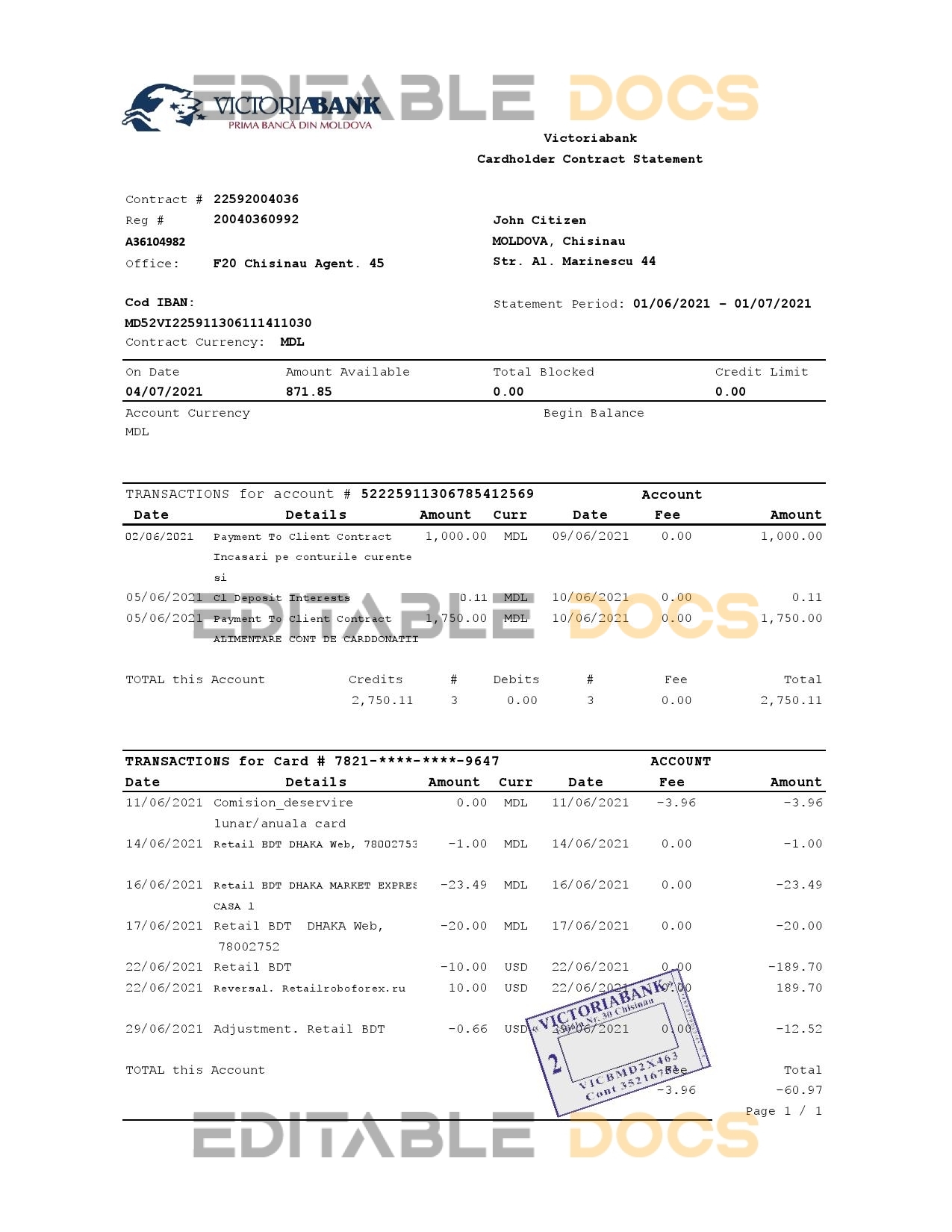 Moldova Victoriabank bank statement easy to fill template in Excel and PDF format