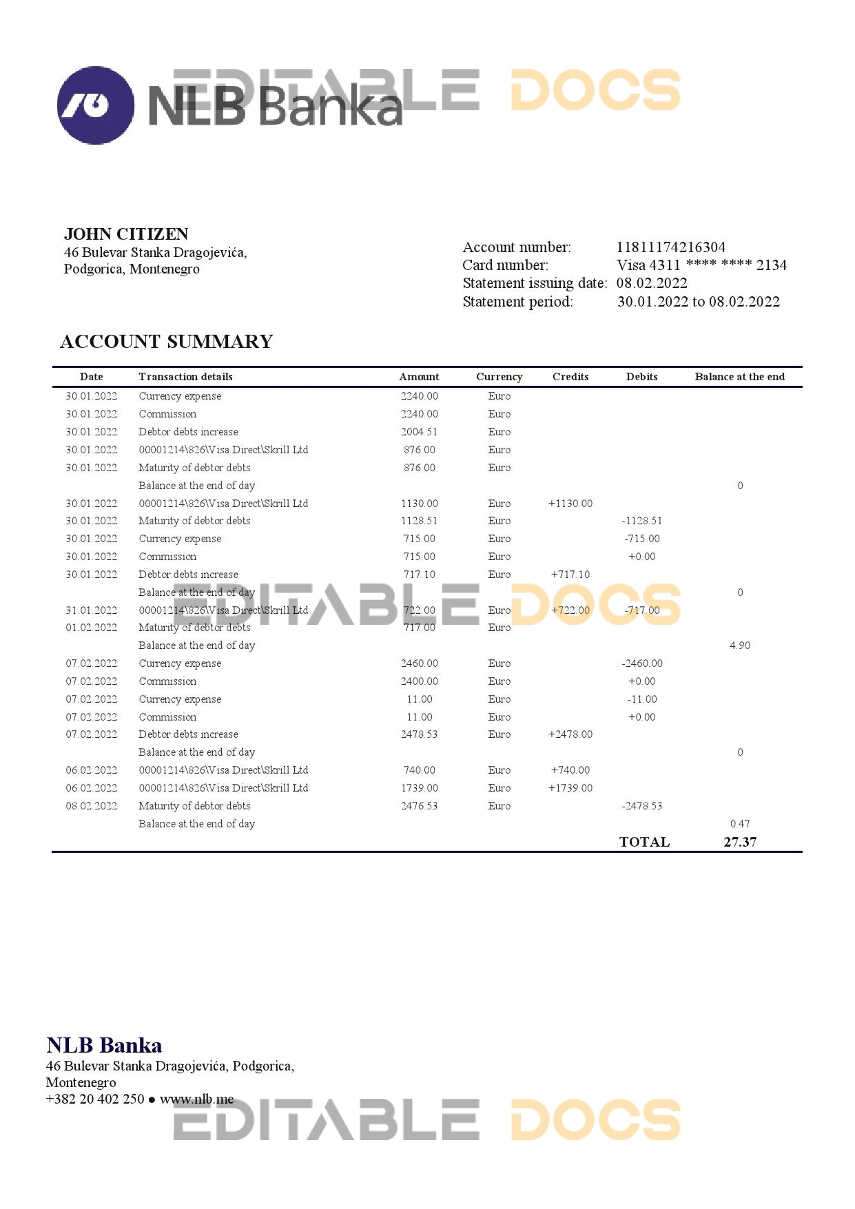 Montenegro NLB bank statement template, Word and PDF format (.doc and .pdf)