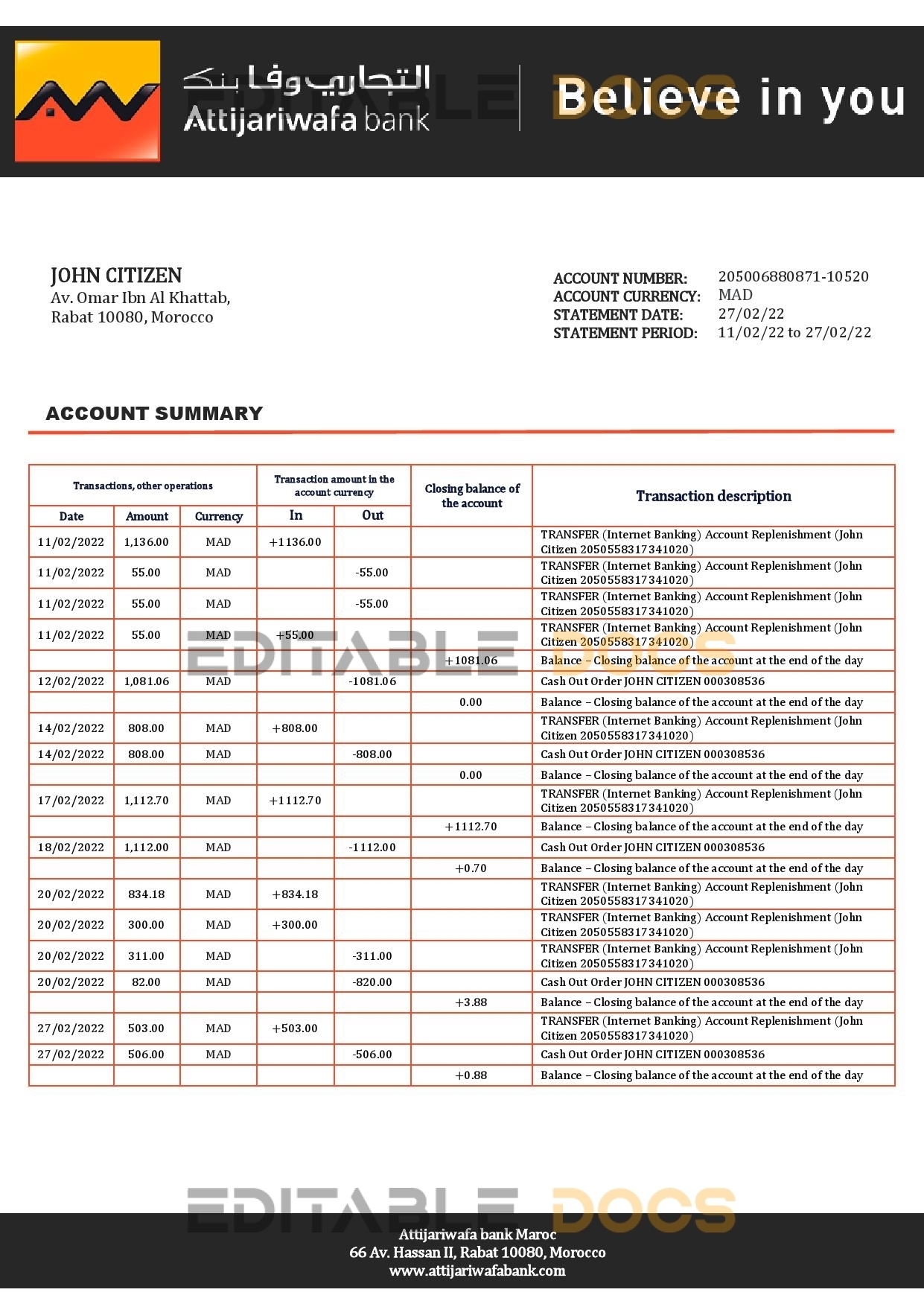 Morocco Attijariwafa bank statement template in Word and PDF format, good for address prove
