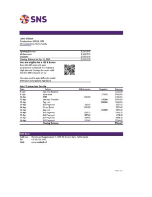 Netherlands SNS bank statement Excel and PDF template