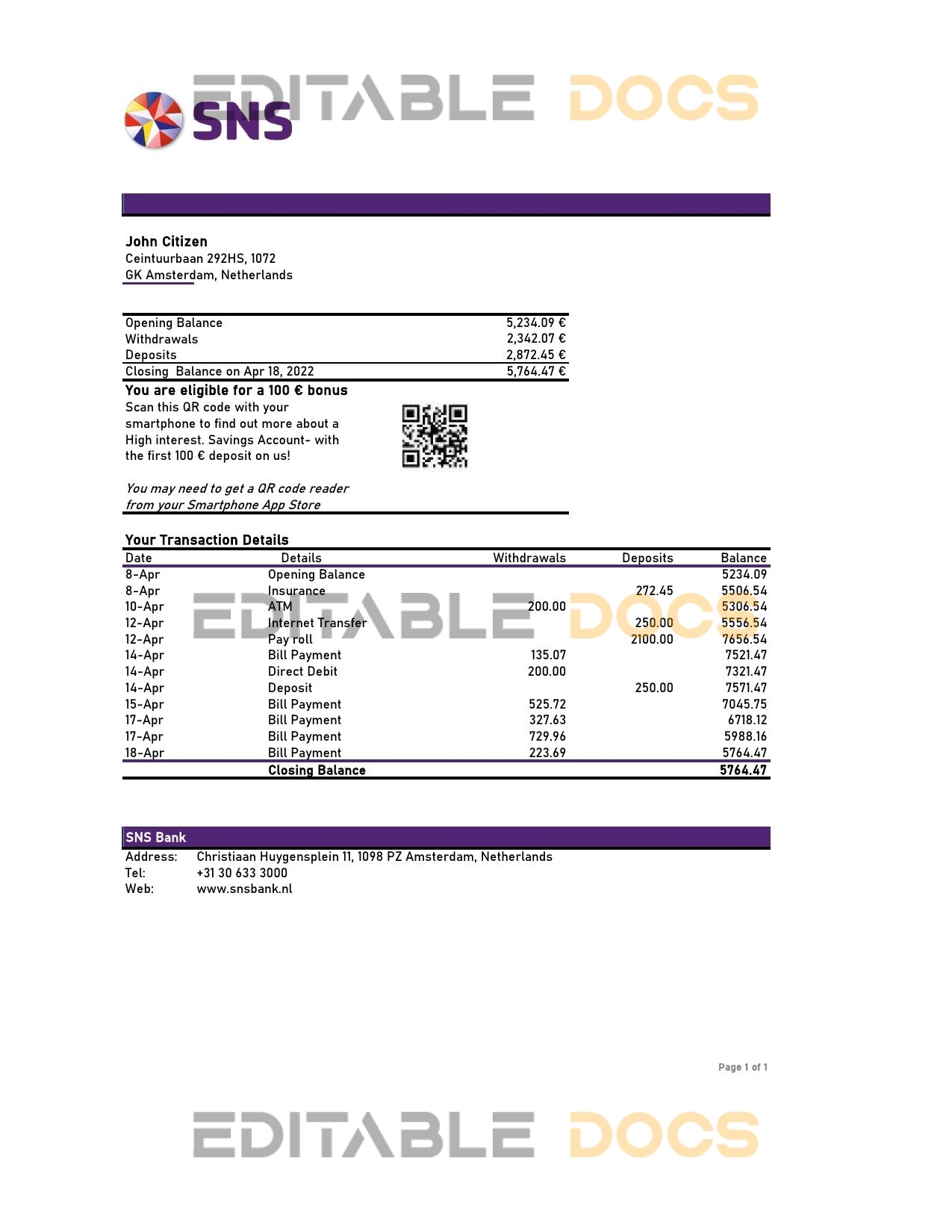 Netherlands SNS bank statement Excel and PDF template