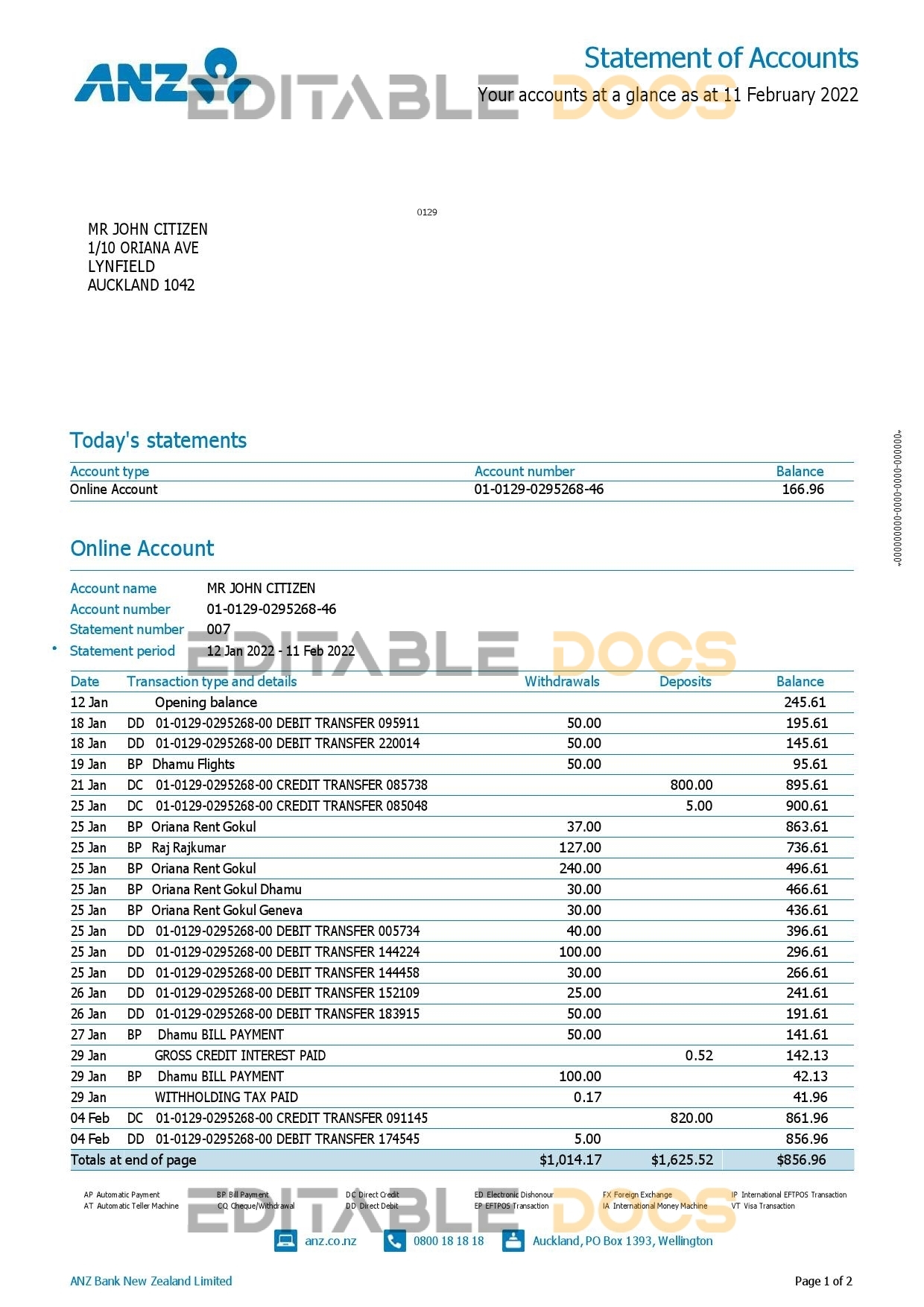 New Zealand ANZ bank account statement, Word and PDF template, 2 pages