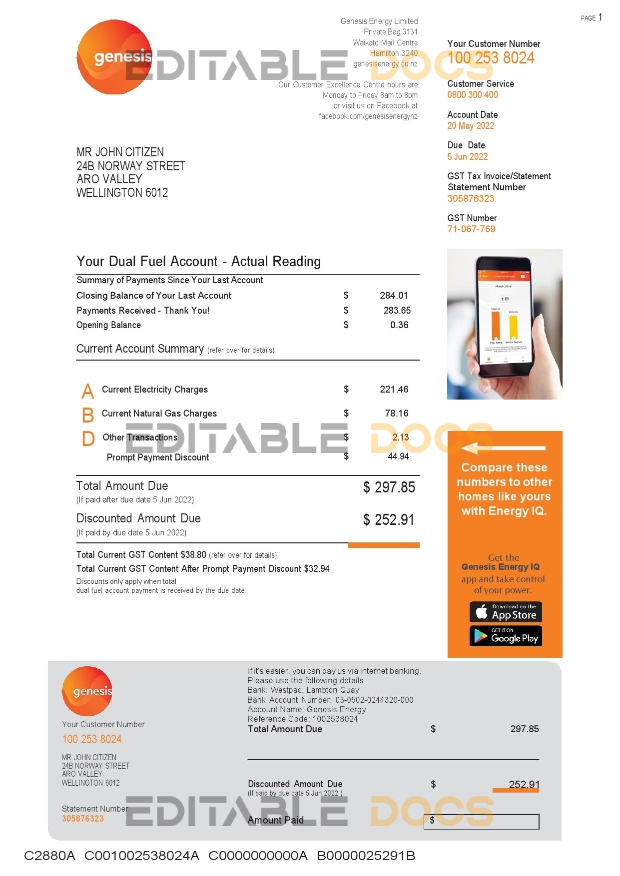 New Zealand Genesis Gas utility bill template in Word and PDF format, 3 pages