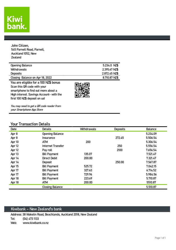 New Zealand Kiwibank bank statement template in Word and PDF format