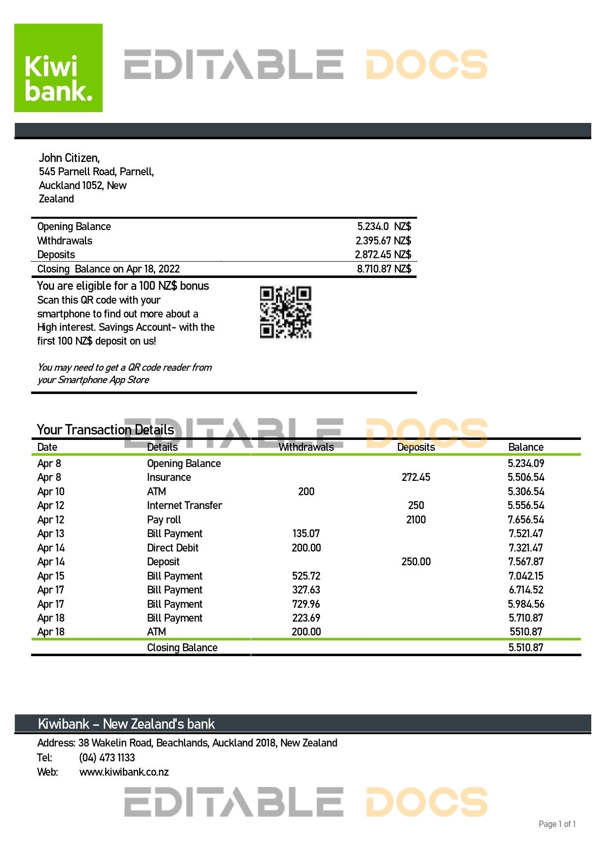 New Zealand Kiwibank bank statement template in Word and PDF format