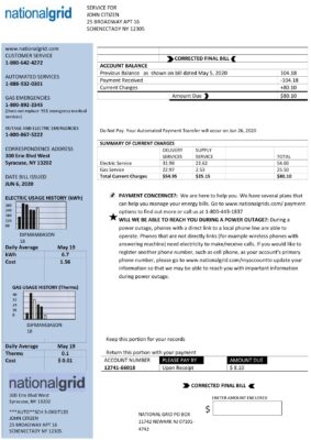 USA New York National Grid utility bill template in Word and PDF format