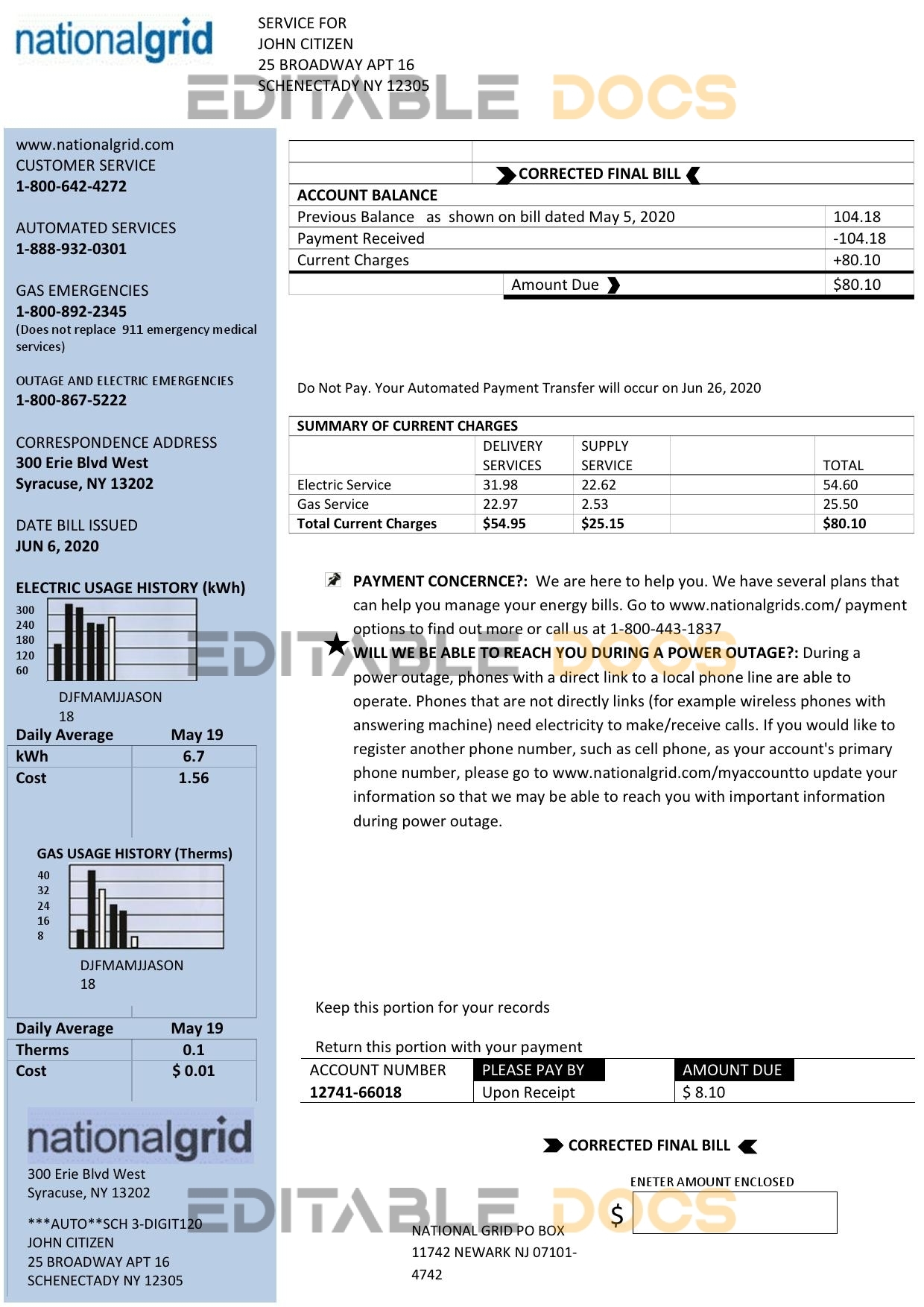 USA New York National Grid utility bill template in Word and PDF format