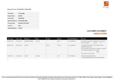 Nigeria Guaranty Trust Bank (GTBank) savings account statement Word and PDF template