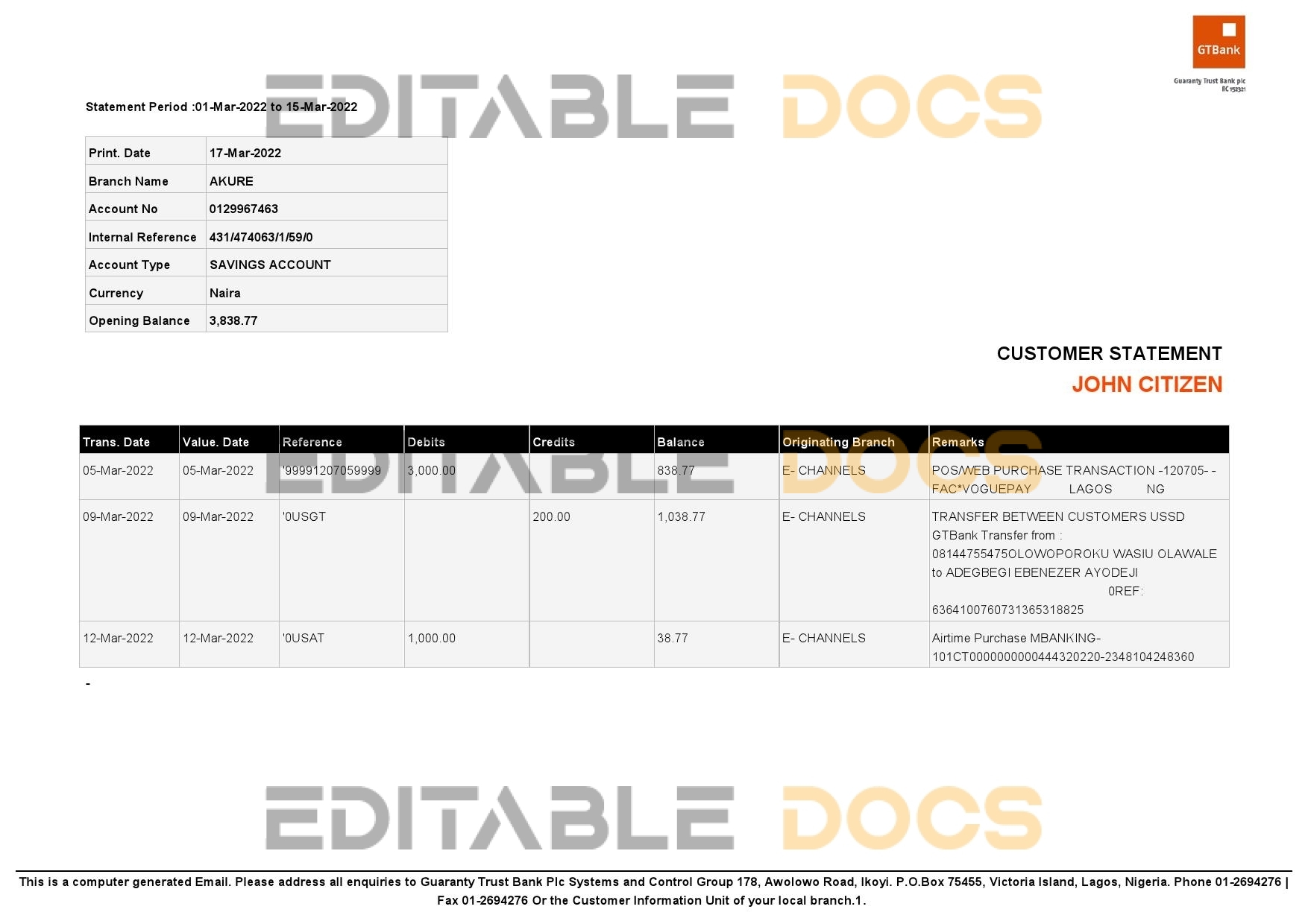 Nigeria Guaranty Trust Bank (GTBank) savings account statement Word and PDF template