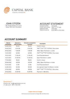 North Macedonia Capital Bank bank statement template in Word and PDF format