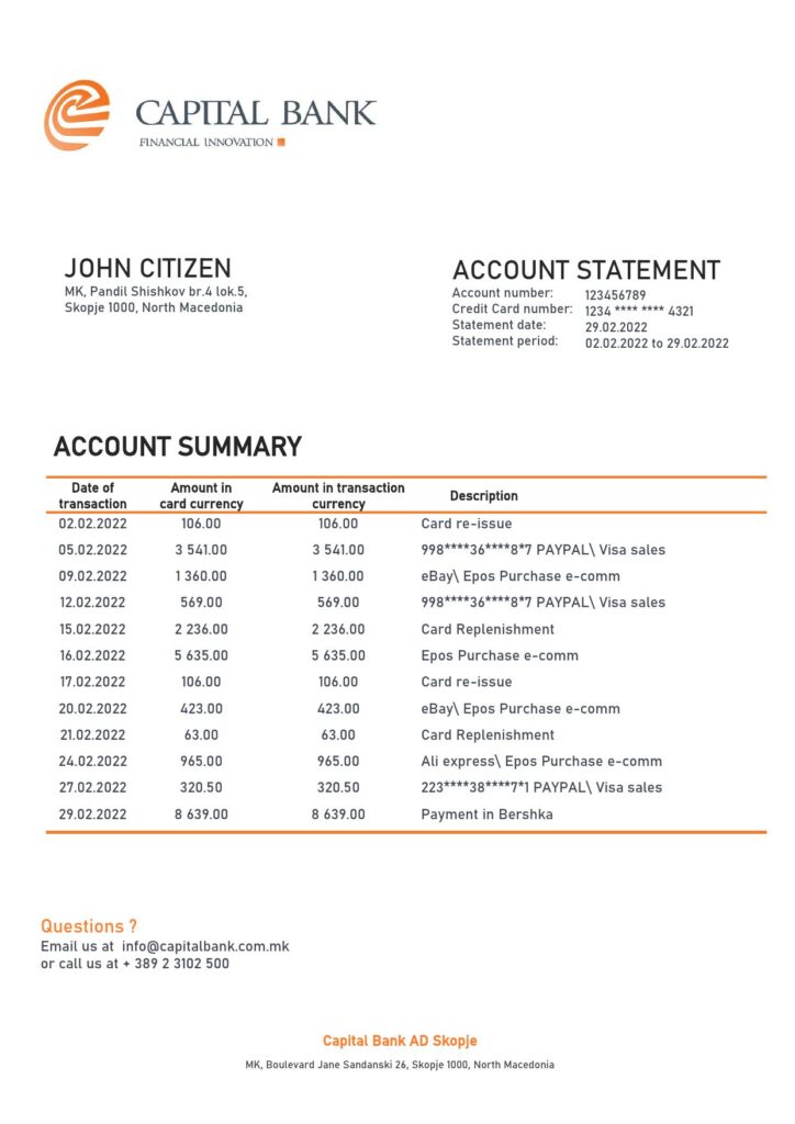North Macedonia Capital Bank bank statement template in Word and PDF format