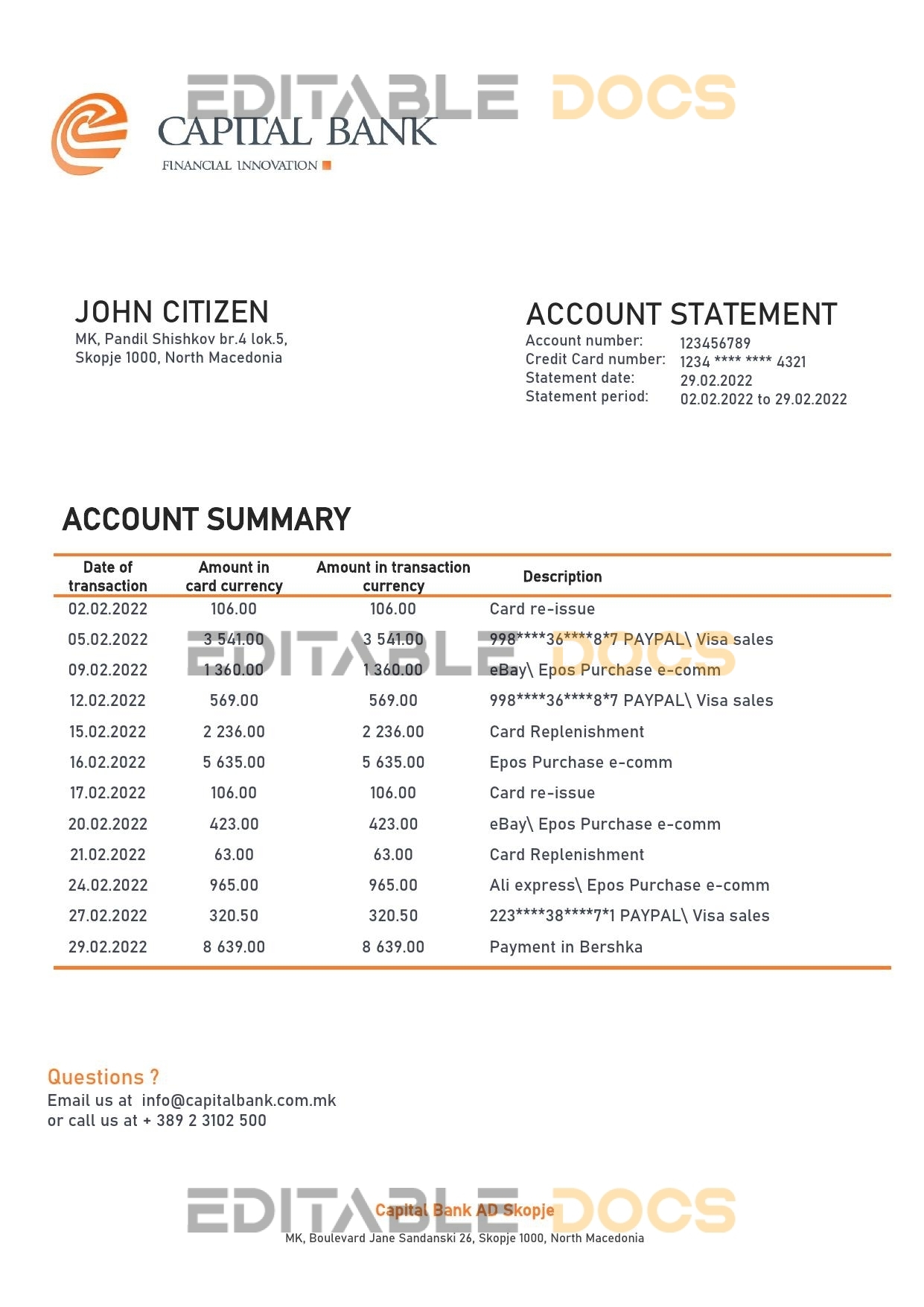 North Macedonia Capital Bank bank statement template in Word and PDF format
