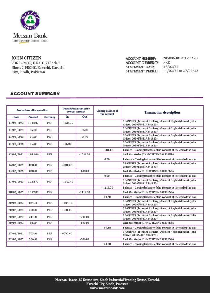Pakistan Meezan bank statement template in Word and PDF format