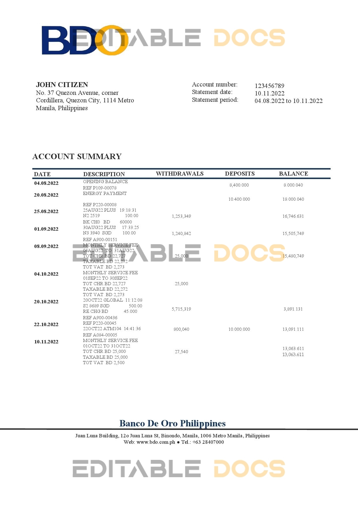 Philippines BDO bank statement template in Word and PDF format