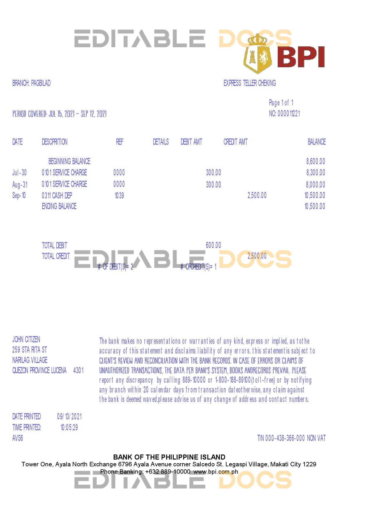 Philippines Bank of the Philippine Islands (BPI) bank statement template in Excel and PDF format, version 2