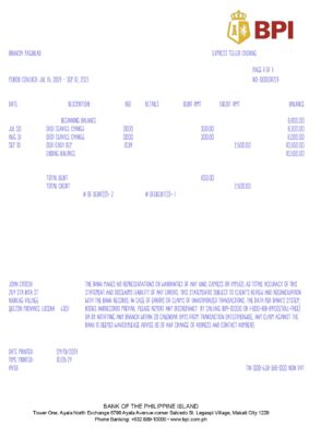 Philippines Bank of the Philippine Islands (BPI) bank statement template in Word and PDF format, version 2