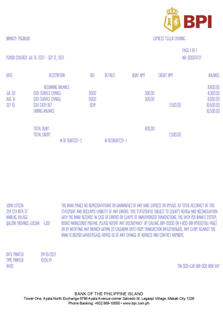 Philippines Bank of the Philippine Islands (BPI) bank statement template in Word and PDF format, version 2