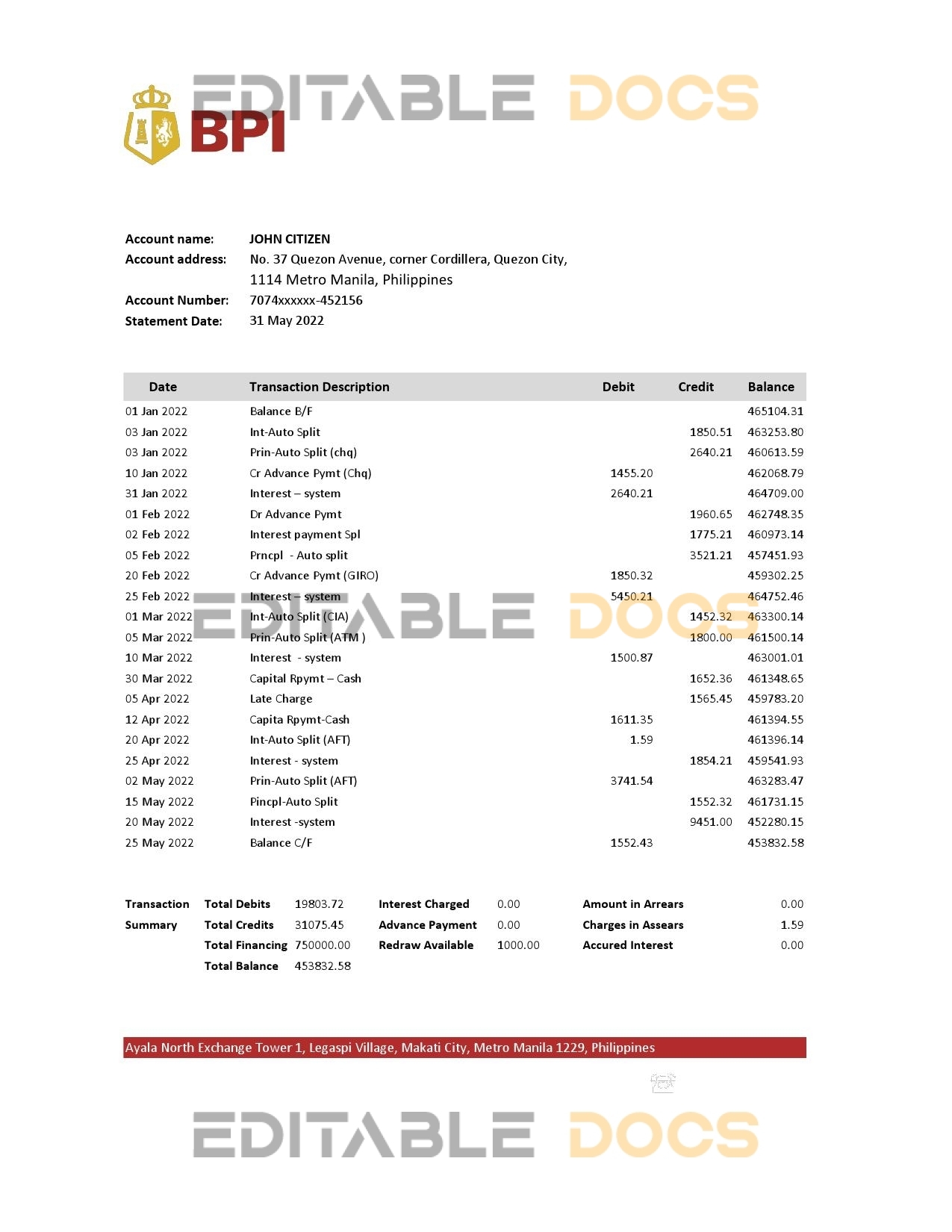 Philippines Bank of the Philippine Islands bank statement Excel and PDF template