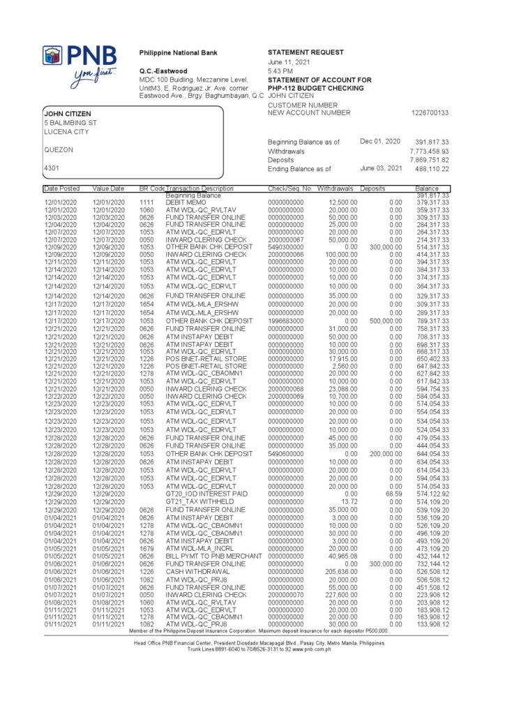 Philippines PNB bank statement template in Excel and PDF format (4 pages)