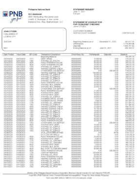 Philippines PNB bank statement template in Word and PDF format (4 pages)