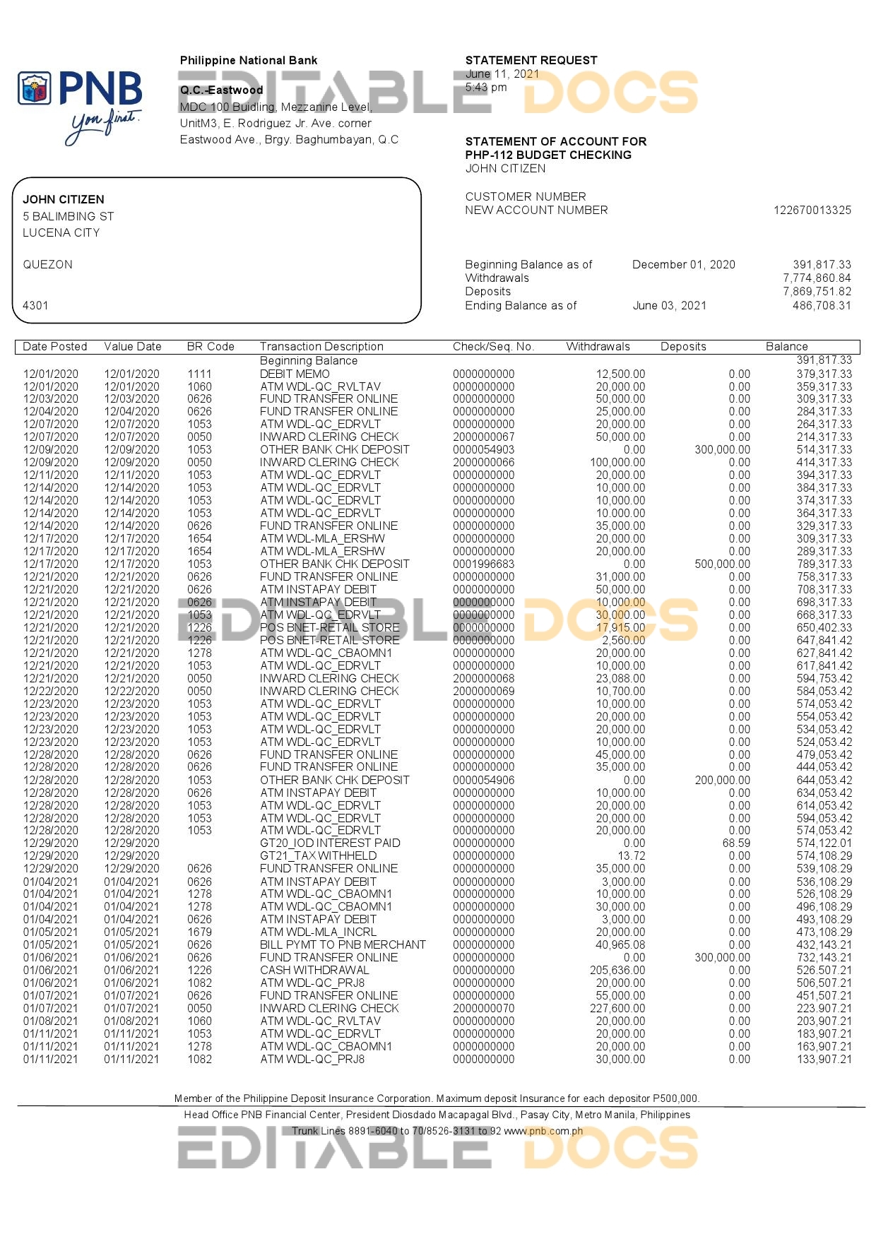 Philippines PNB bank statement template in Word and PDF format (4 pages)