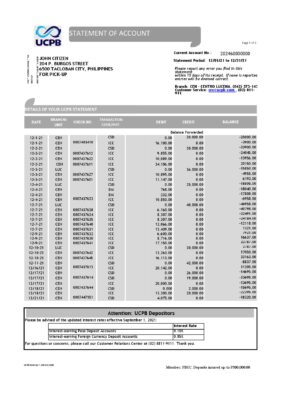 Philippines UCPB bank statement of account template in Excel and PDF format