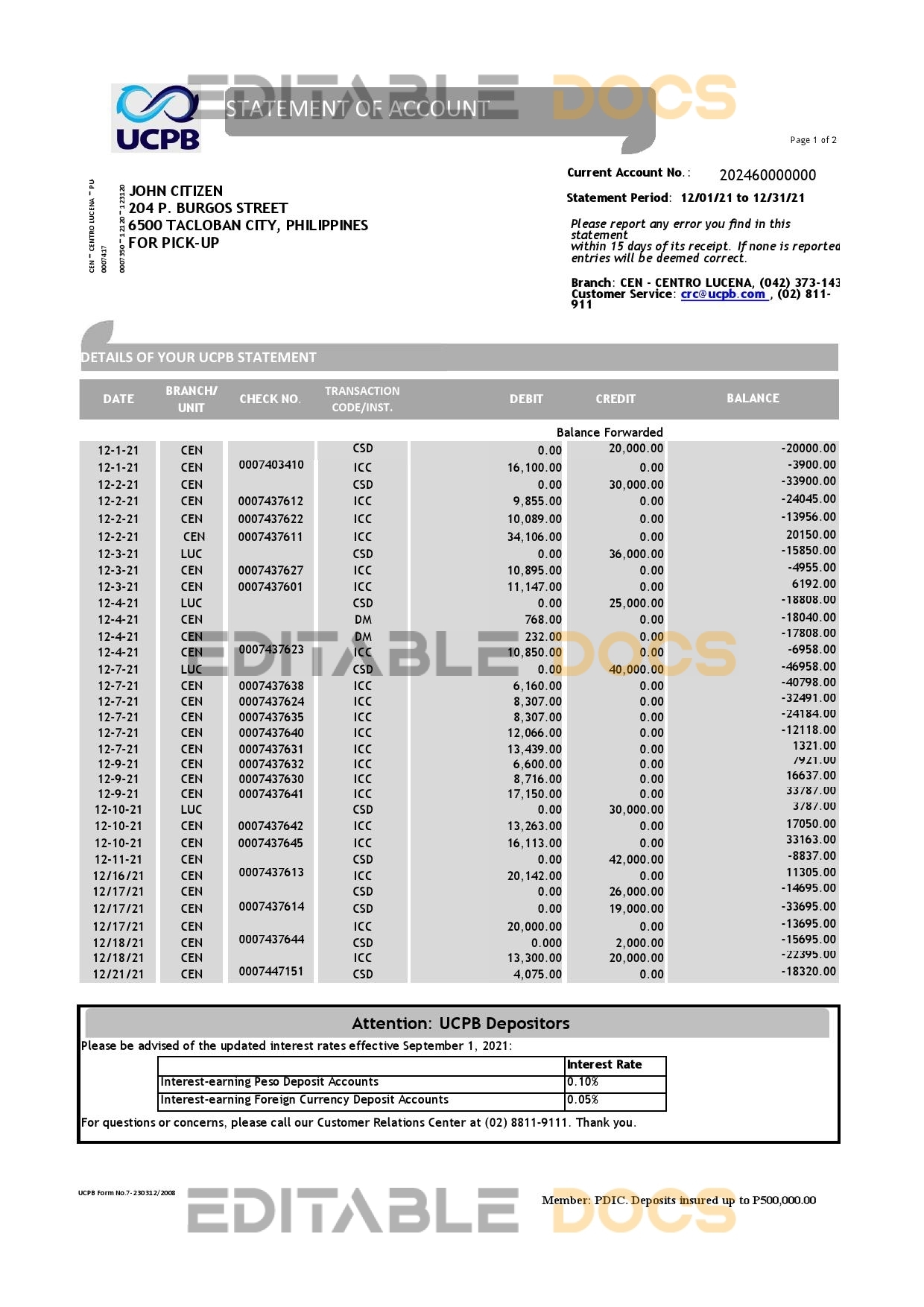 Philippines UCPB bank statement of account template in Excel and PDF format