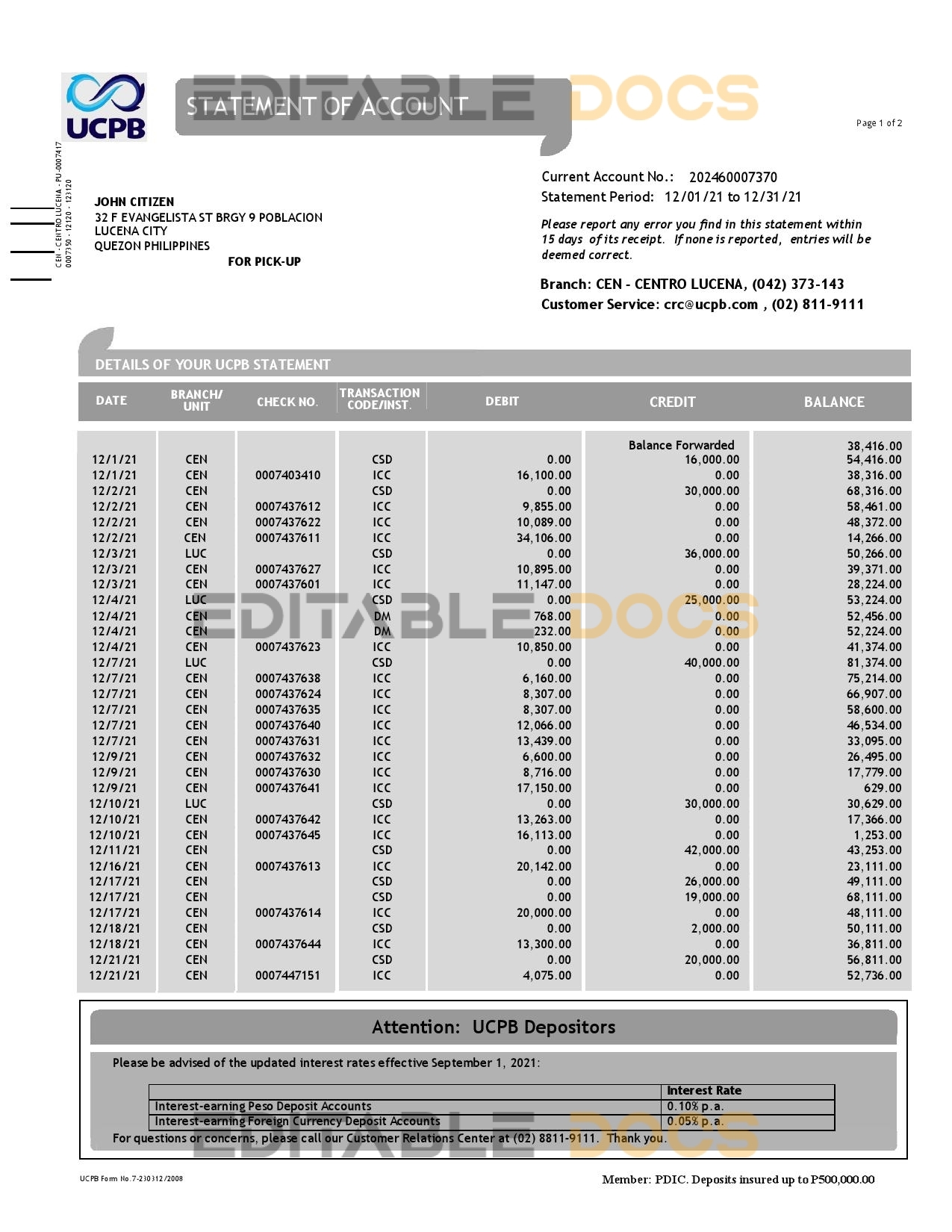 Philippines UCPB bank statement of account template in Word and PDF format