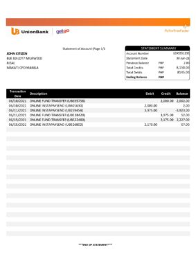 Philippines Unionbank bank statement template in Excel and PDF format