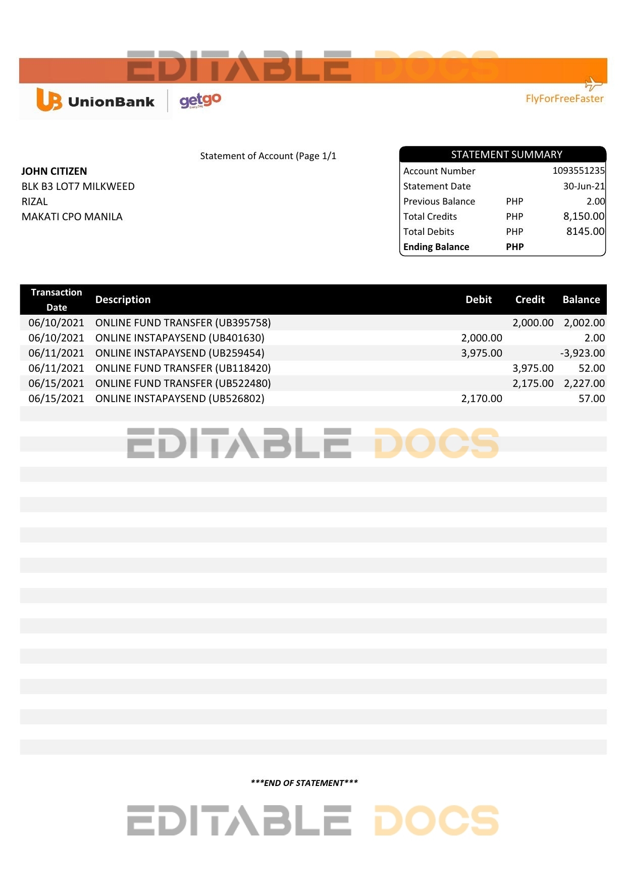 Philippines Unionbank bank statement template in Excel and PDF format