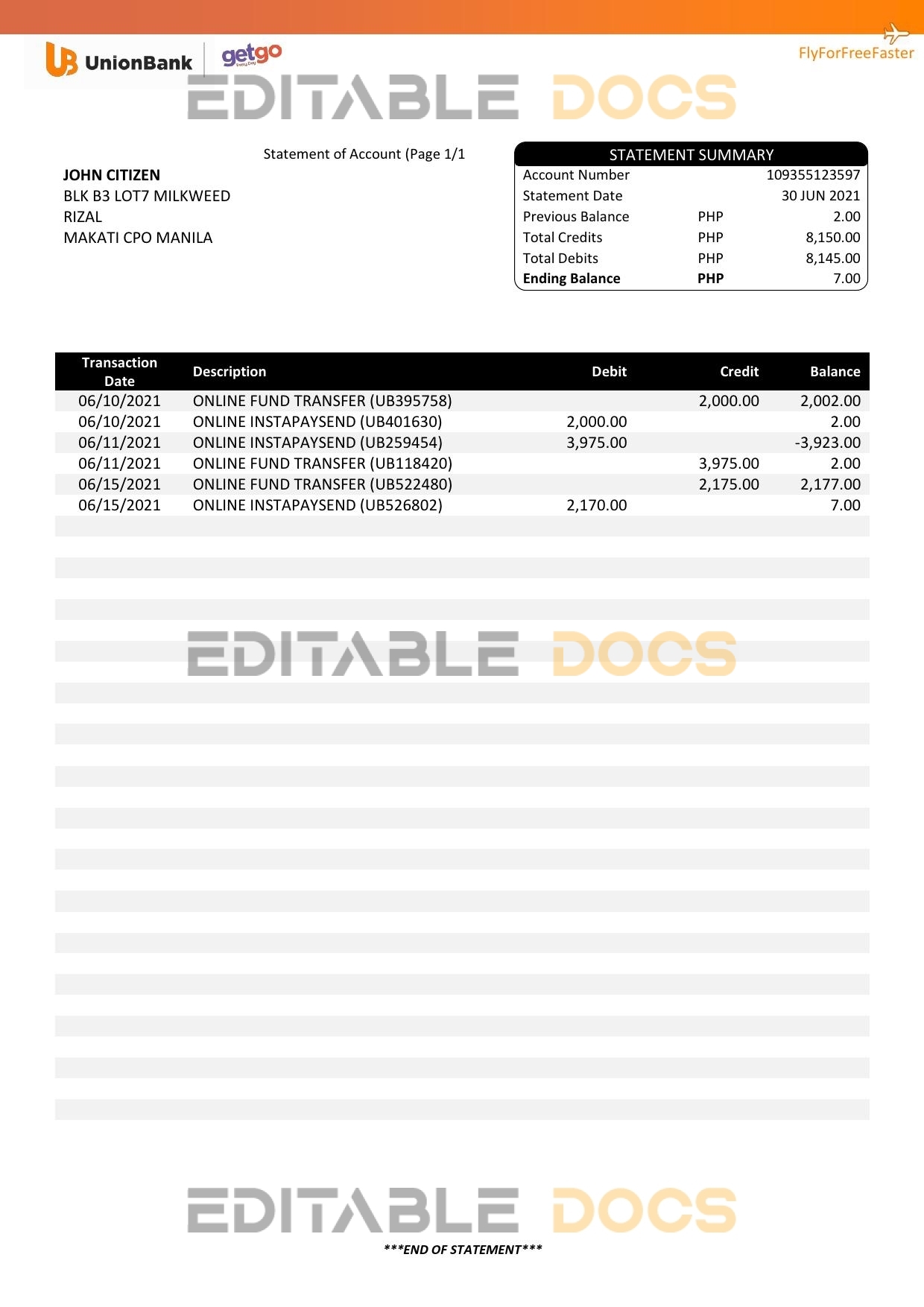 Philippines Unionbank bank statement template in Word and PDF format