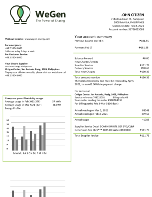 Philippines WeGen Energy Philippines utility bill template in Word and PDF format