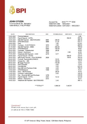 Philippines Bank of the Philippine Islands proof of address bank statement template in Word and PDF format