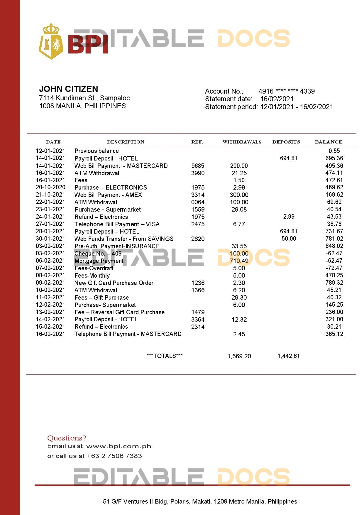 Philippines Bank of the Philippine Islands proof of address bank statement template in Word and PDF format