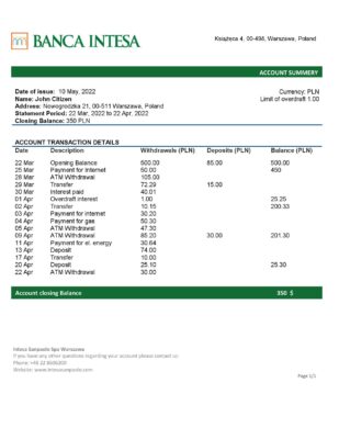 Poland Banca Intesa bank statement template in Word and PDF format