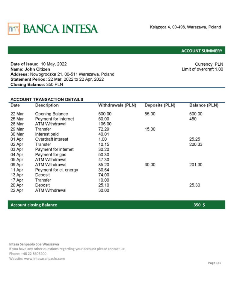 Poland Banca Intesa bank statement template in Word and PDF format