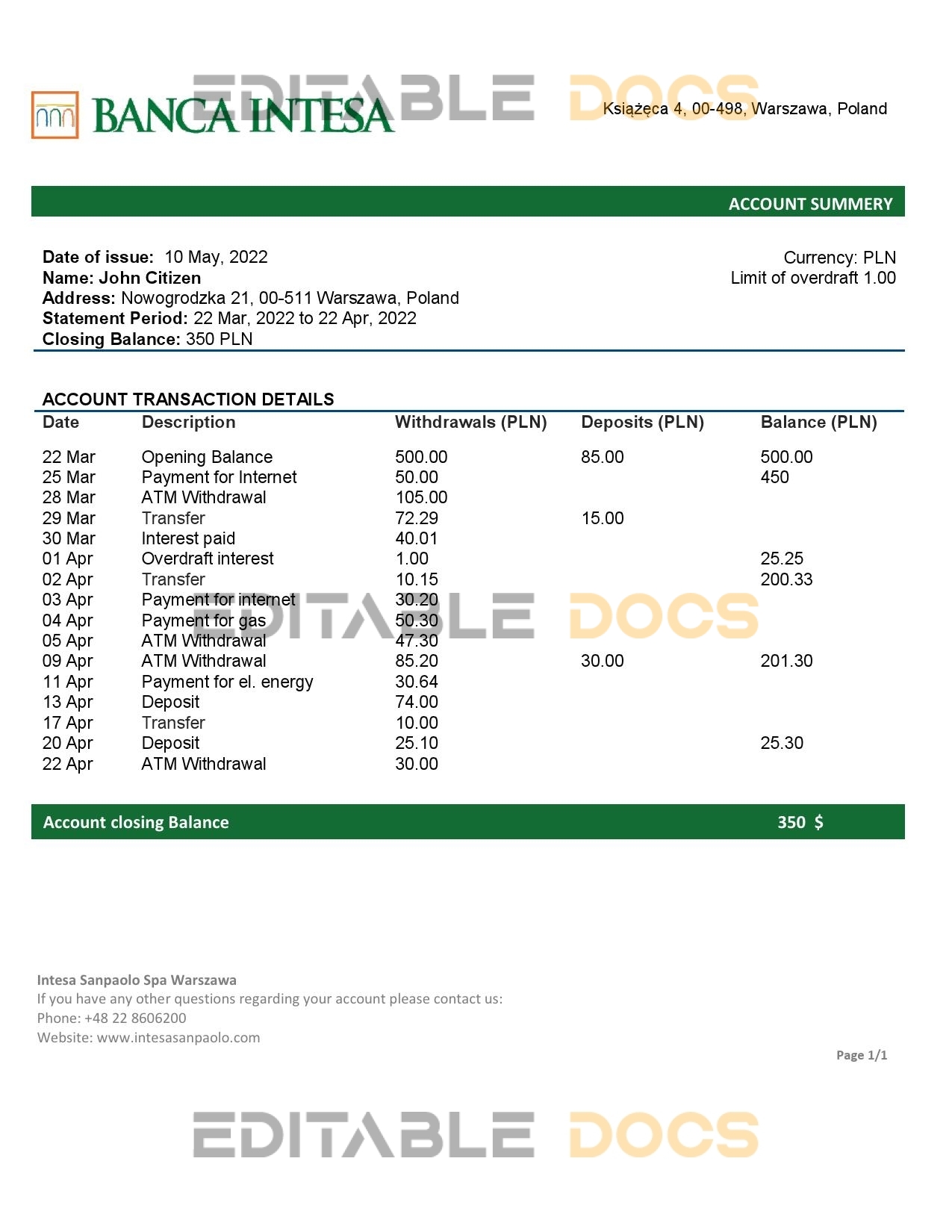Poland Banca Intesa bank statement template in Word and PDF format