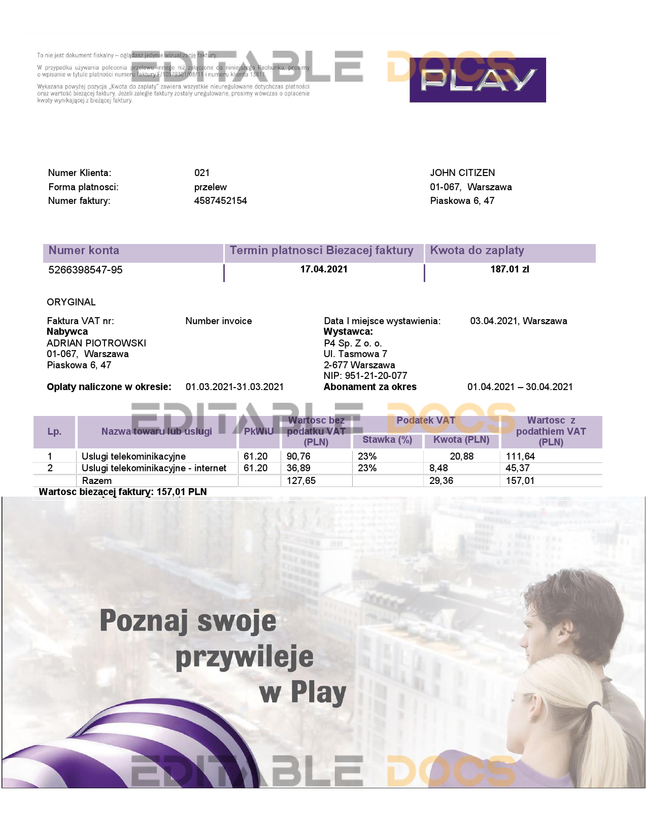 Poland Play utility bill template in Word and PDF format, fully editable
