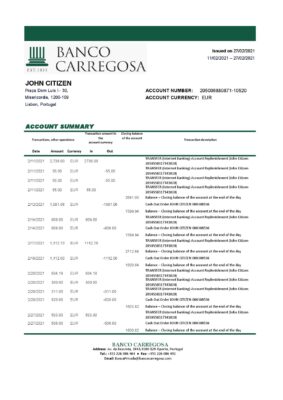 Portugal Banco Carregosa bank statement template in Excel and PDF format, .xls and .pdf format