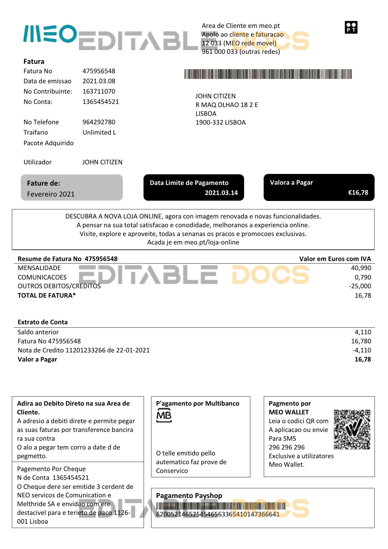 Portugal MEO utility bill template in Word and PDF format, fully editable