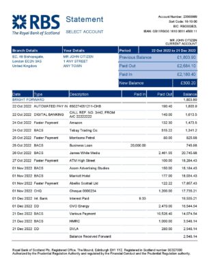 United Kingdom Royal Bank of Scotland (RBS) bank statement, Word and PDF template