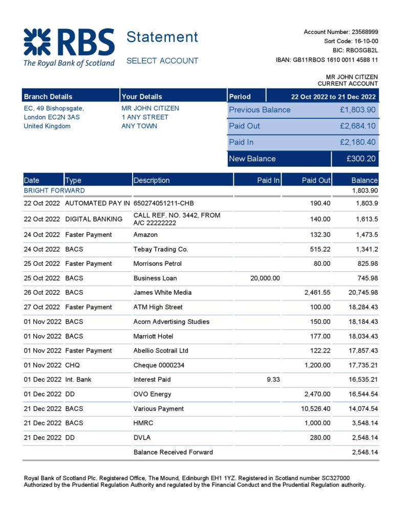 United Kingdom Royal Bank of Scotland (RBS) bank statement, Word and PDF template