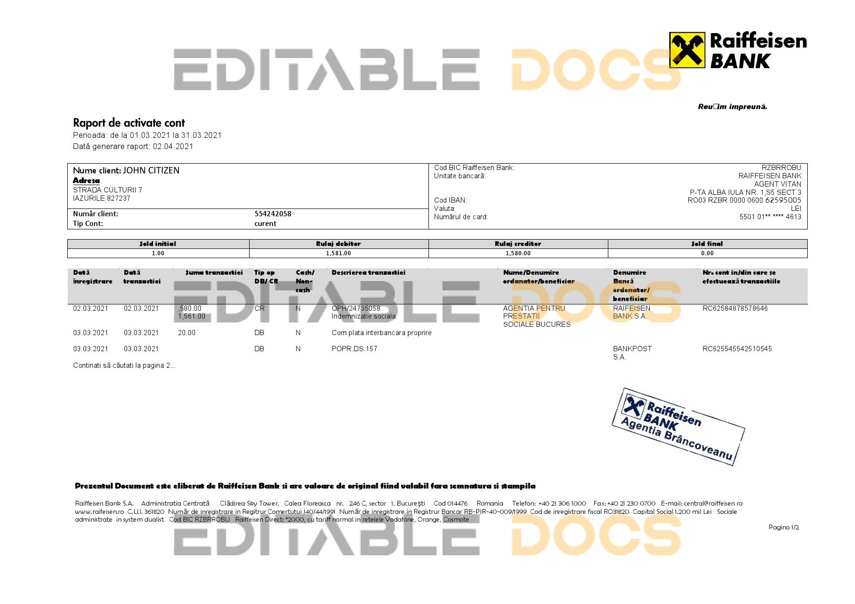 Romania Raiffeisen bank statement template in Word and PDF format
