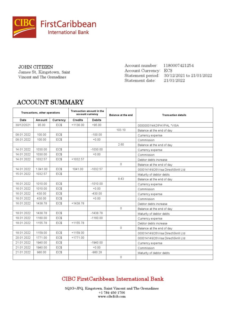 Saint Vincent and The Grenadines First Caribbean International Bank statement template in Word and PDF format
