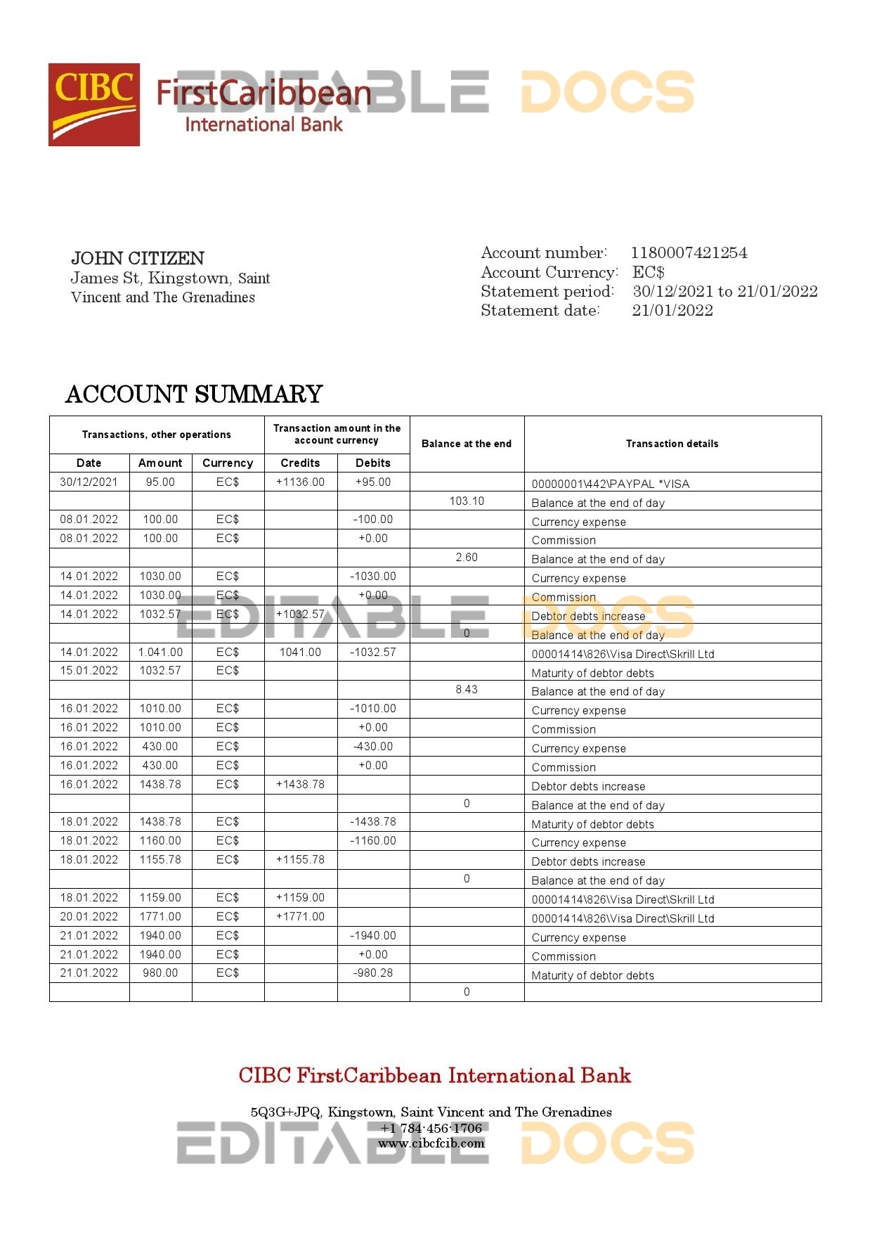 Saint Vincent and The Grenadines First Caribbean International Bank statement template in Word and PDF format
