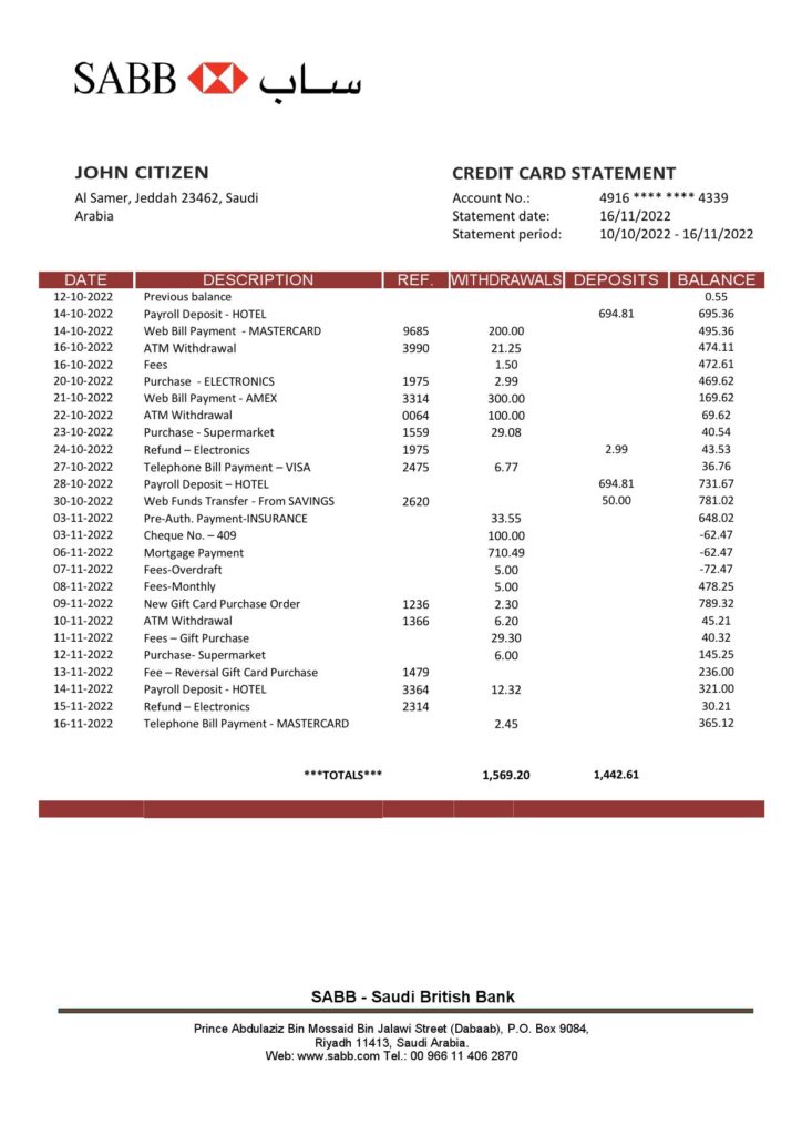 Saudi Arabia SABB bank statement template in Word and PDF format