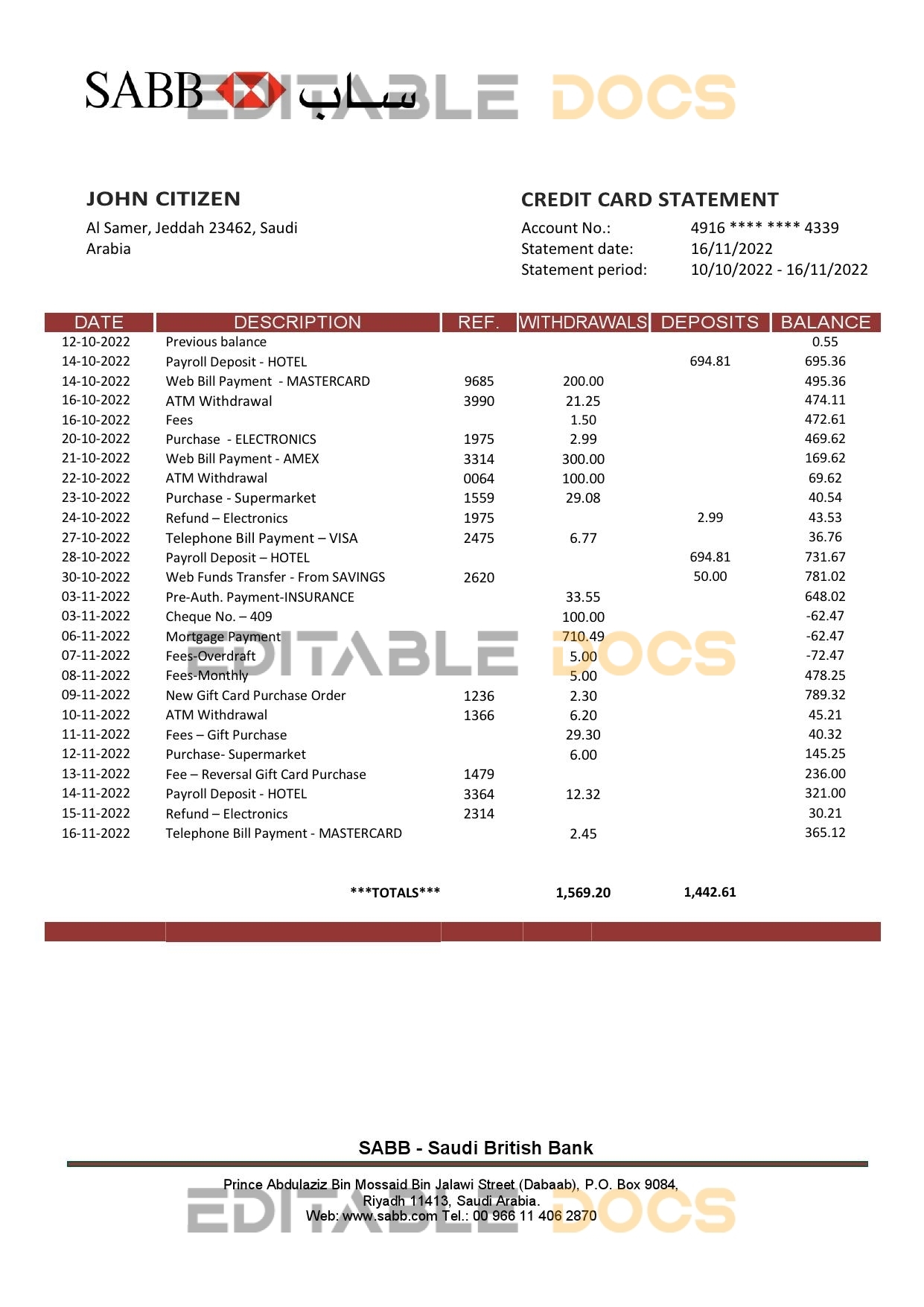 Saudi Arabia SABB bank statement template in Word and PDF format